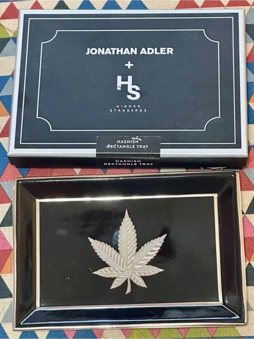Jonathan Adler Hashish Rectangle Crramic Tray - Black with Silver & Gold Leaf